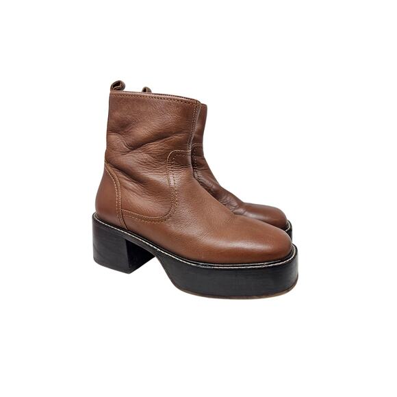 Topshop 38 Brown Leather Chunky Boot Whimsygoth Grunge Boho Platform Y2K Style - Picture 2 of 7